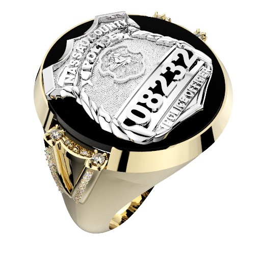 Mens Nassau County PD PO Black ONYX Oval Ring Diamond Accents Down Side 1