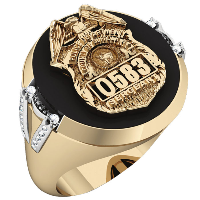 Mens Suffolk County PD Sergeant Black ONYX Oval Ring Diamond Accent Down Side 1