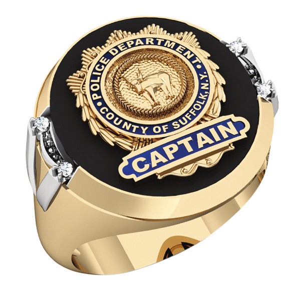 Mens Suffolk County PD Captain Shield Black ONYX Oval Ring with Framed Diamond Accents 1