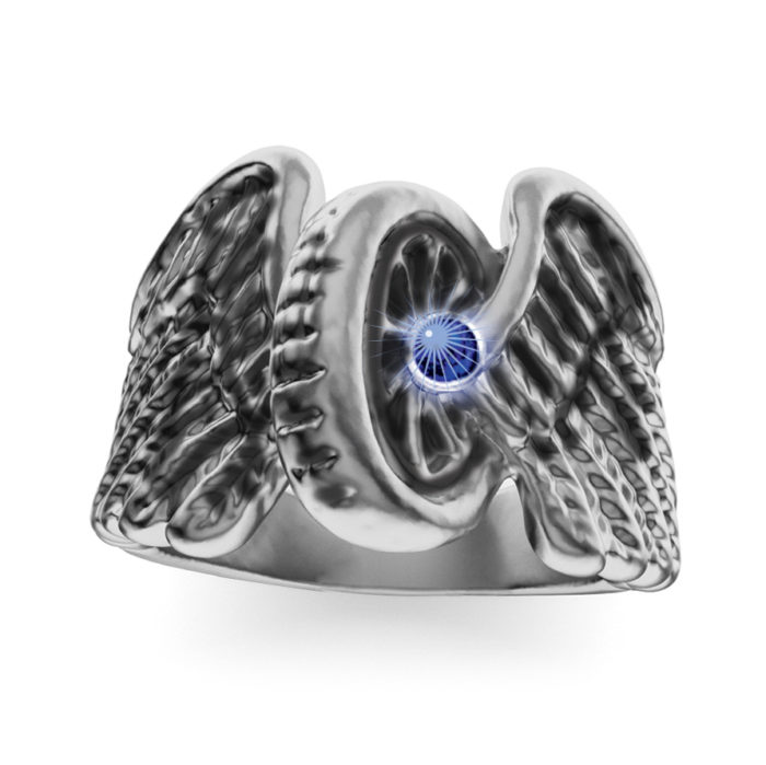 Syn. Sapphire Sterling Silver Winged Wheel Ring 2